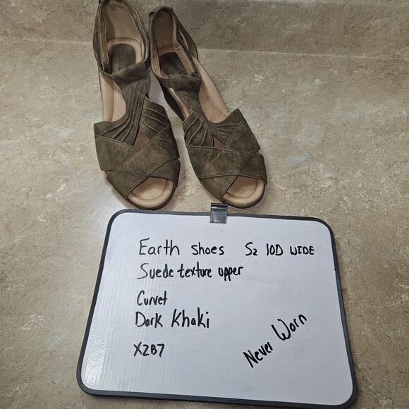 Earth Sandals Curvet SZ 10D Wide Width Dark Khaki Brown Suede Peep-toe‎ Wedge - Picture 10 of 10